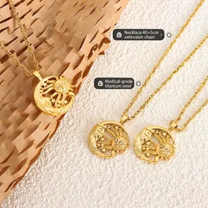 Vintage sun and moon pendant necklace in medical-grade titanium steel with gold finish
