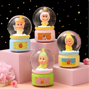 Dreamy group of four glowing cartoon rabbit crystal balls on colorful macaron bases