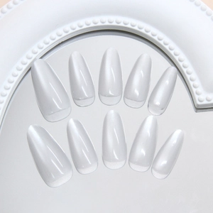 Handmade smoky grey cat-eye almond press-on nails with a pearlescent white finish