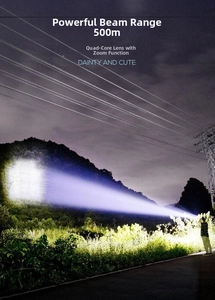 Macro detail of the bright 500m long-range beam from the quad-core LED mini flashlight