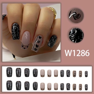 Sparkly black glitter and heart French tip press-on nails in 24pcs square round set