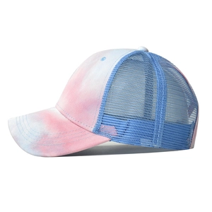 Pink and blue tie-dye trucker hat with breathable mesh back and reinforced brim stitching