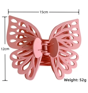 Detail showing 15cm butterfly hair claw clip with size measurements and 52g weight