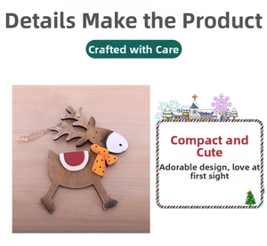 Detail of wooden reindeer ornament with hand-painted scarf and natural jute rope hanger