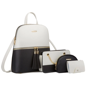 Black and white four-piece backpack set for women with Saffiano faux leather and tassels