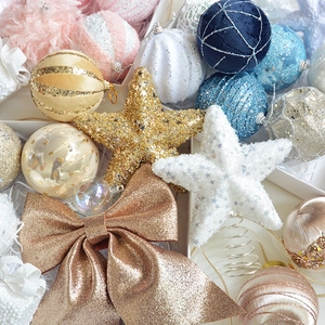 Christmas tree ornaments set with glitter bows and velvet foam balls in diverse colors
