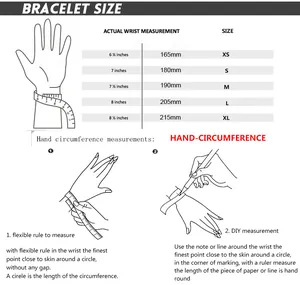Guida alle taglie per bracciale in acciaio al titanio dorato con misure polso in pollici e mm