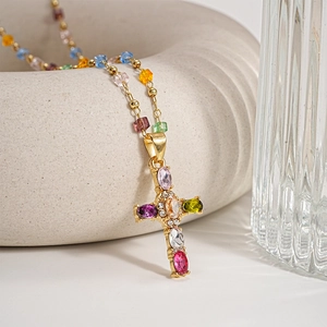 Cross necklace with colorful gemstones and gold-plated chain for women