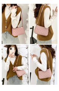 Multiple views of a pink quilted underarm bag with gold charm and slender strap