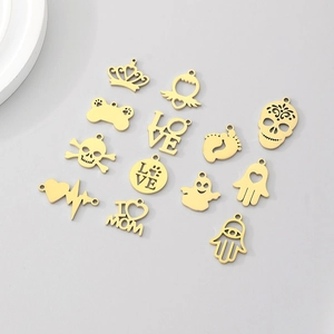 Assorted gold stainless steel DIY pendants featuring crown heart and skull charms