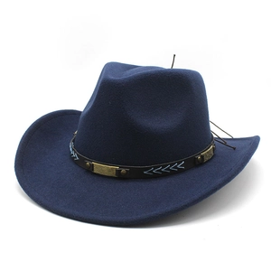 Classic navy western cowboy hat with leather band and gold metal accents on white background