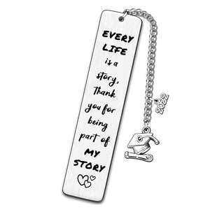 Detail of silver stainless steel bookmark with tassel charms and engraved thank you message