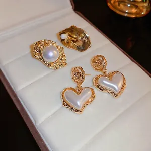 Vintage French Artificial Pearl Heart Drop Earrings With 925 Sterling Silver Earring Post Retro Gold Floral Stud Jewelry For Women