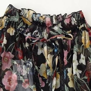 Floral midi slip dress with lace trim and adjustable drawstring detail on black chiffon