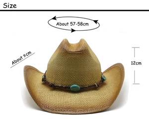 Detailed size specifications for a woven cowboy straw hat with 9cm brim and beaded band