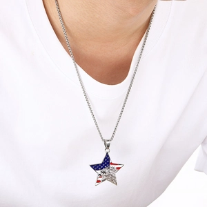 Eagle head and US flag star pendant necklace in silver stainless steel for men