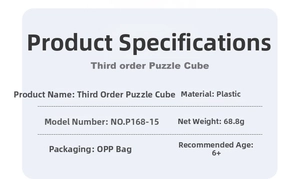 Specifications of the smooth 3x3 speed cube made of plastic weighing 68.8g for kids