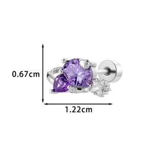 Boucles d'oreilles étoile argentée et cœur violet avec fermoir à vis et dimensions