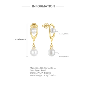 Detail view of 925 silver pearl drop earrings with 2.5cm height and zircon stone