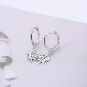 Elegant S925 sterling silver hoop earrings with a delicate hanging leaf charm design