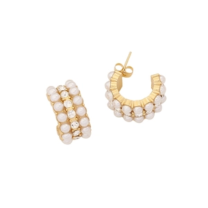 Golden C-shaped stainless steel earrings with white pearls and sparkling crystals