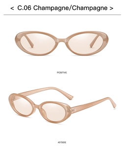 Detail view of champagne oval sunglasses showing front and 45-degree side angles