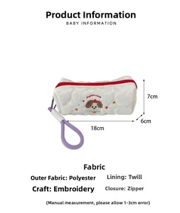 Quilted white pencil case with puppy embroidery and polyester poplin fabric detail