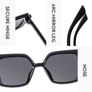 Detail view of reinforced metal hinges and curved temples on square black sunglasses