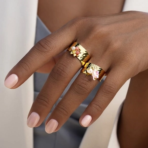 Luxurious wide gold hammered rings with natural stones and pearls for a modern chic look