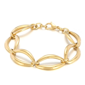 Retro titanium steel gold bracelet with chunky geometric oval links and lobster clasp