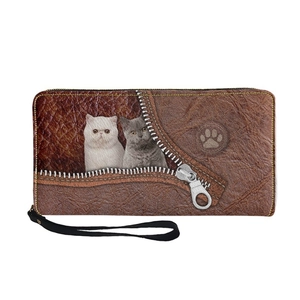 Brown PU leather long zipper wallet featuring cute cat prints and a detachable hand strap