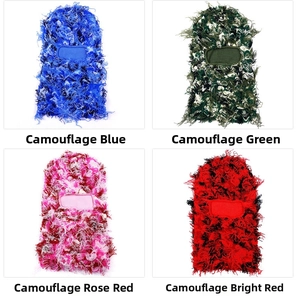Detailed close-up showing camo plush knit balaclava masks in blue, green, pink, and red