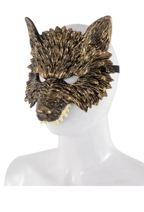 Detail view of the bronze wolf mask texture, realistic faux fur finish and sharp fangs