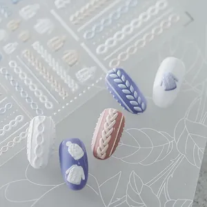 5D embossed nail stickers with winter knitted sweater texture and cable patterns