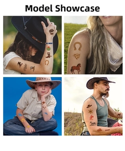Detailed views of Western Cowboy temporary tattoos on diverse skin and body parts