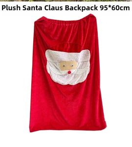 Detailed view of the 95x60 cm red velvet Santa Claus drawstring sack with 3D facial decor