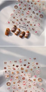Detailed 5D embossed nail stickers featuring dessert dog, donut and cupcake patterns