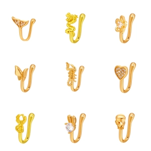 Nine gold U-shaped non-pierced nose rings set with zircon animal and floral designs