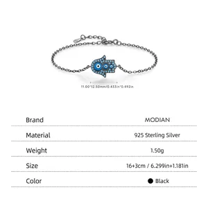 S925 sterling silver Hamsa hand and evil eye charm bracelet with product size chart