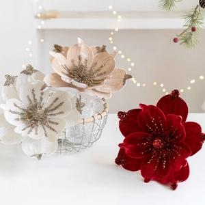 Luxurious velvet Christmas magnolia flowers with glitter petals for festive home decoration