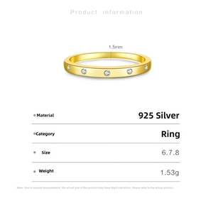 Detail view of 925 silver gold ring with five round diamonds and product size specifications