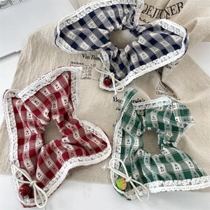 Gingham Plaid Scrunchies With Lace Edge Cherry Fruit Pendant Cotton Hair Ties For Women Korean Style Hair Accessories