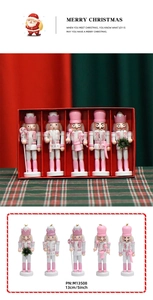Detailed view of 5-piece pink and white 13cm nutcracker soldier set with Christmas props