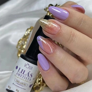 Faux Ongles Amande Violet Taro Style Français Dégradé Pailleté Lignes Dorées Brillant Élégant Mode Pour Femmes