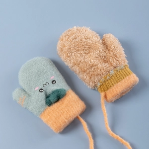 Winter thermal padded baby mittens with neck string and cute cartoon smiley face
