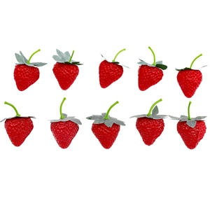 Set of 10 realistic artificial red strawberries with green stems on white background