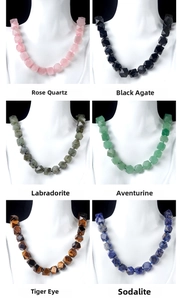 Detail view of faceted natural stone necklaces including Rose Quartz and Black Agate