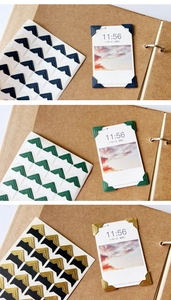Detail of DIY photo corners in navy, green, and gold for scrapbooking and albums