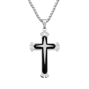 Three-layer silver cross pendant necklace with black inlay on a steel box chain