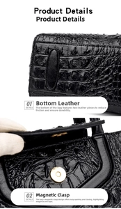 Detail of black crocodile tote with magnetic closure and reinforced bottom leather